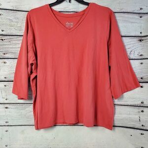 d&co Essentials Women’s Plus 3X Coral Red V-Neck Stretch Cotton 3/4 Sleeve Tunic